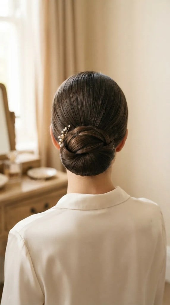 Polished Dark Brown Low Bun With Pearls Polished Dark Brown Low Bun With Pearls — Classy Hairstyles to Do