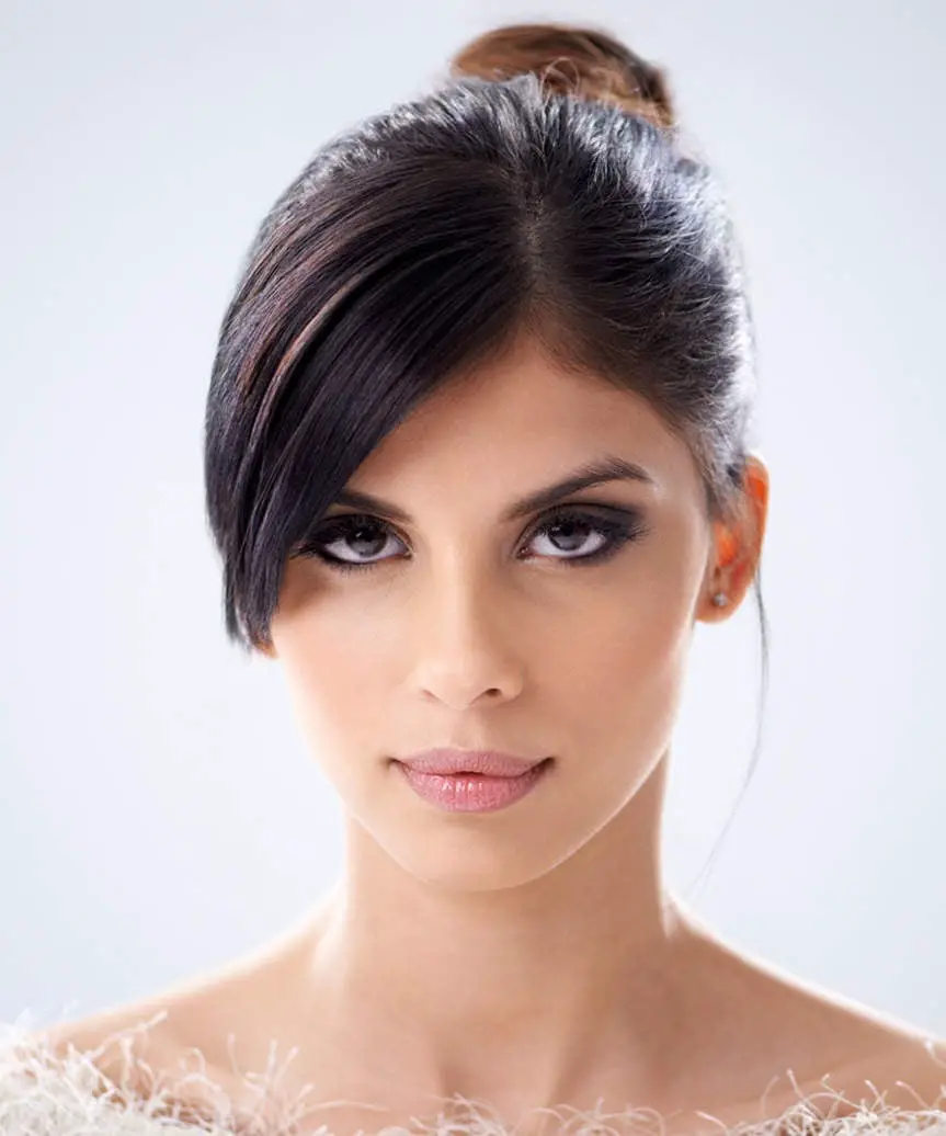 Dark Brown Updo With Side-Swept Fringe Dark Brown Updo With Side-Swept Fringe — Classy Hairstyles to Do