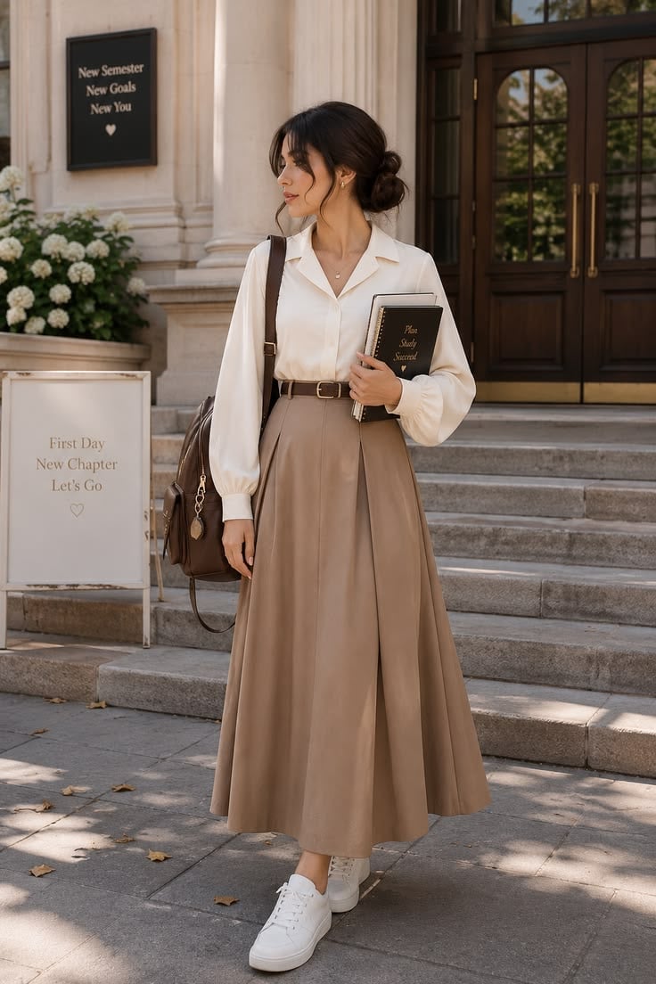 Cream Blouse and Taupe Pleated Midi Skirt Ensemble Cream Blouse and Taupe Pleated Midi Skirt Ensemble — Classy High School Outfits