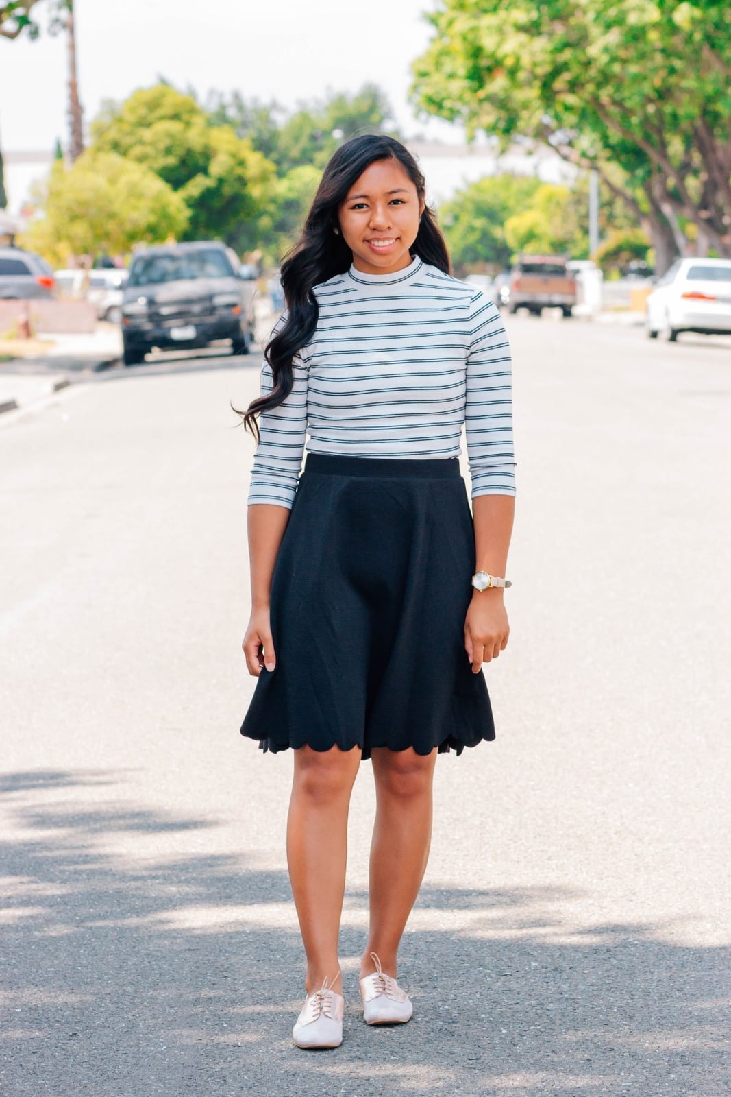 Striped Long-Sleeve Top with Fit-and-Flare Skirt Striped Long-Sleeve Top with Fit-and-Flare Skirt — Classy High School Outfits