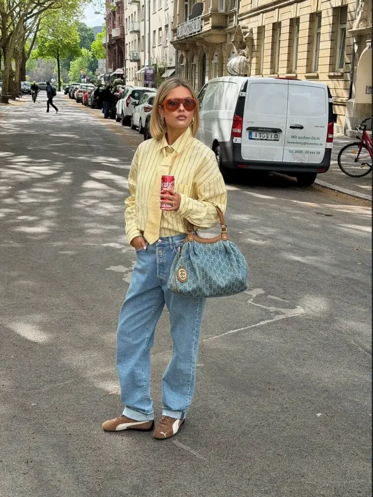 Yellow Striped Shirt with Tie and Wide-Leg Jeans Yellow Striped Shirt with Tie and Wide-Leg Jeans — Classy High School Outfits
