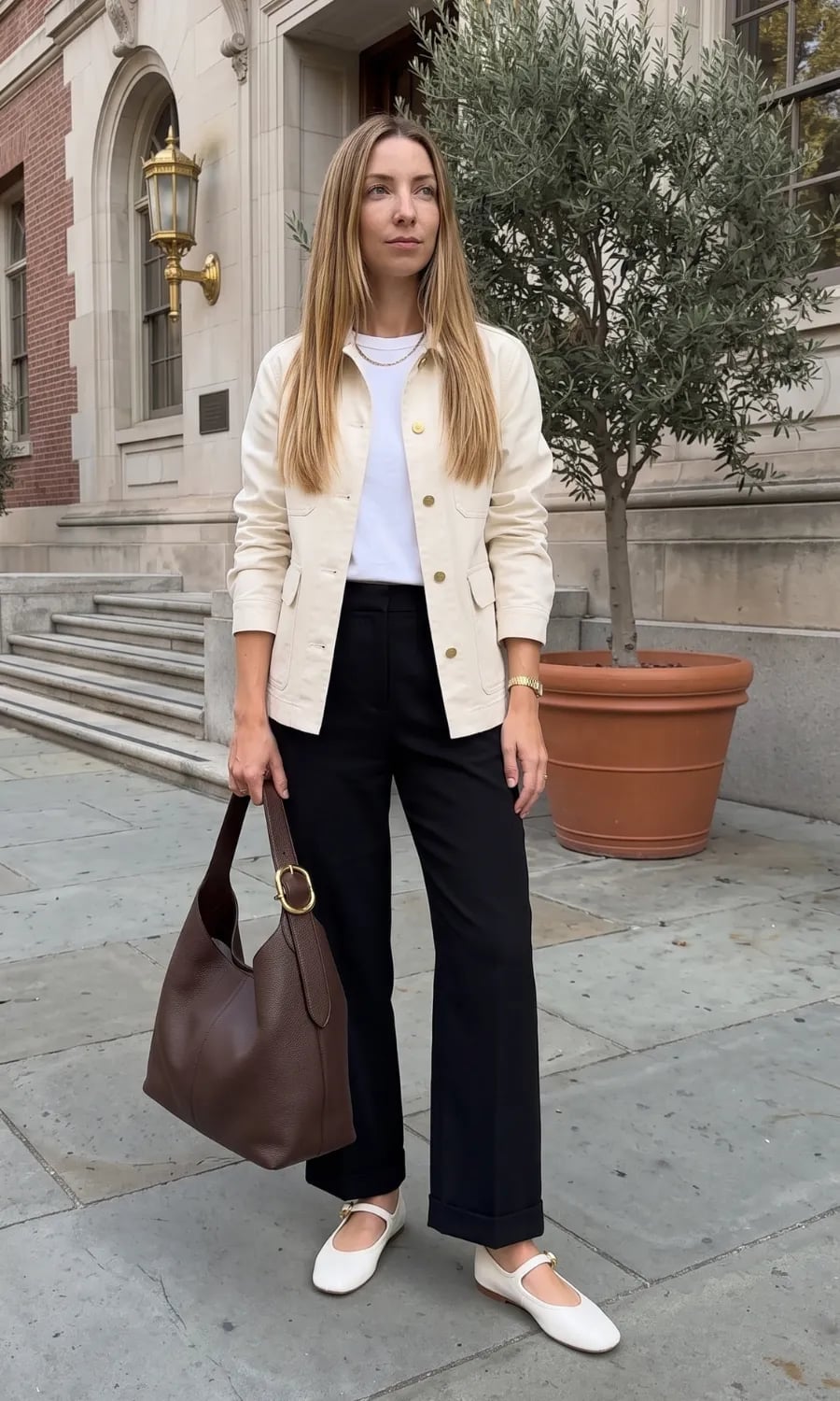 Cream Utility Jacket Over White Tee and Black Trousers Cream Utility Jacket Over White Tee and Black Trousers — Classy High School Outfits