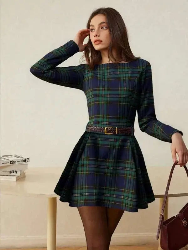 Navy, Green, and Yellow Plaid Fit-and-Flare Dress Navy, Green, and Yellow Plaid Fit-and-Flare Dress — Classy High School Outfits