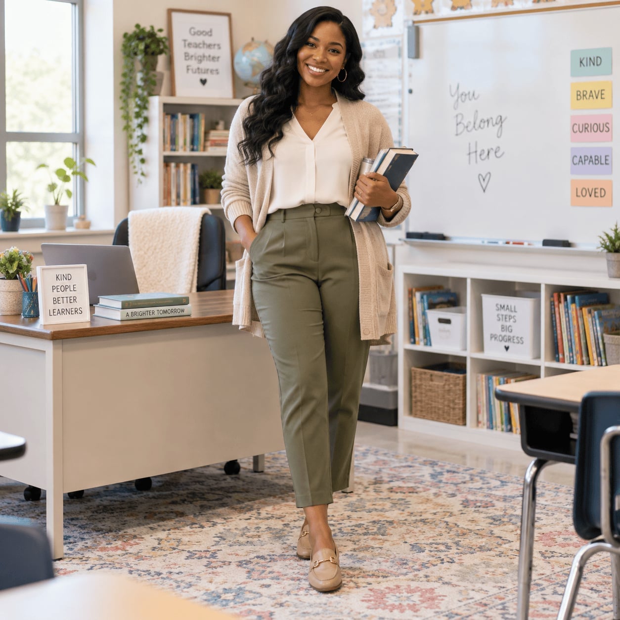 Olive Green Trousers with Cream Cardigan Olive Green Trousers with Cream Cardigan — Classy High School Outfits