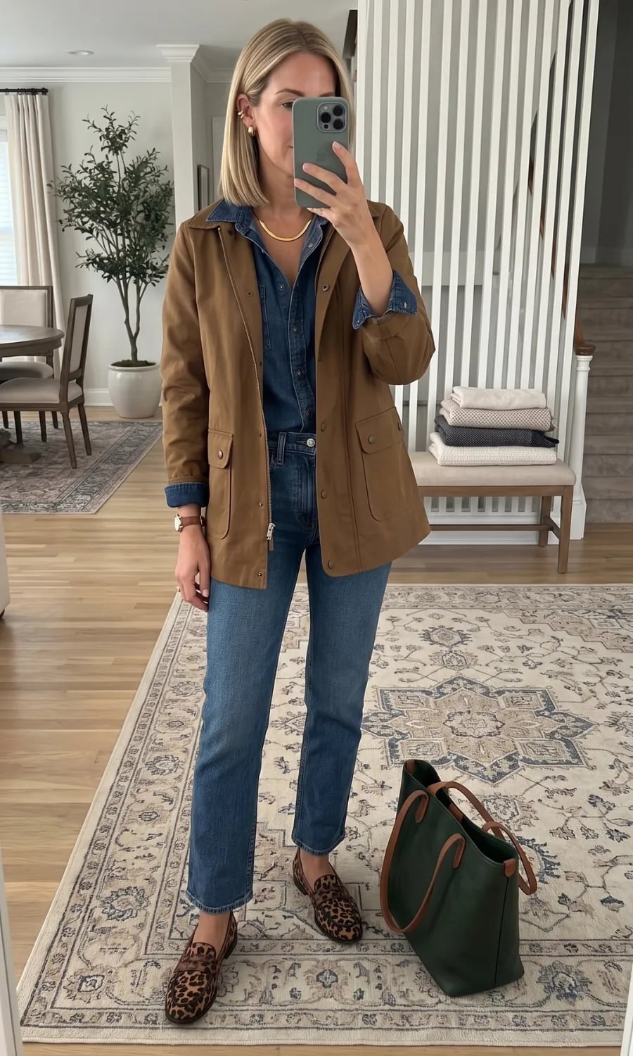Brown Utility Jacket with Denim and Leopard Loafers Brown Utility Jacket with Denim and Leopard Loafers — Classy High School Outfits