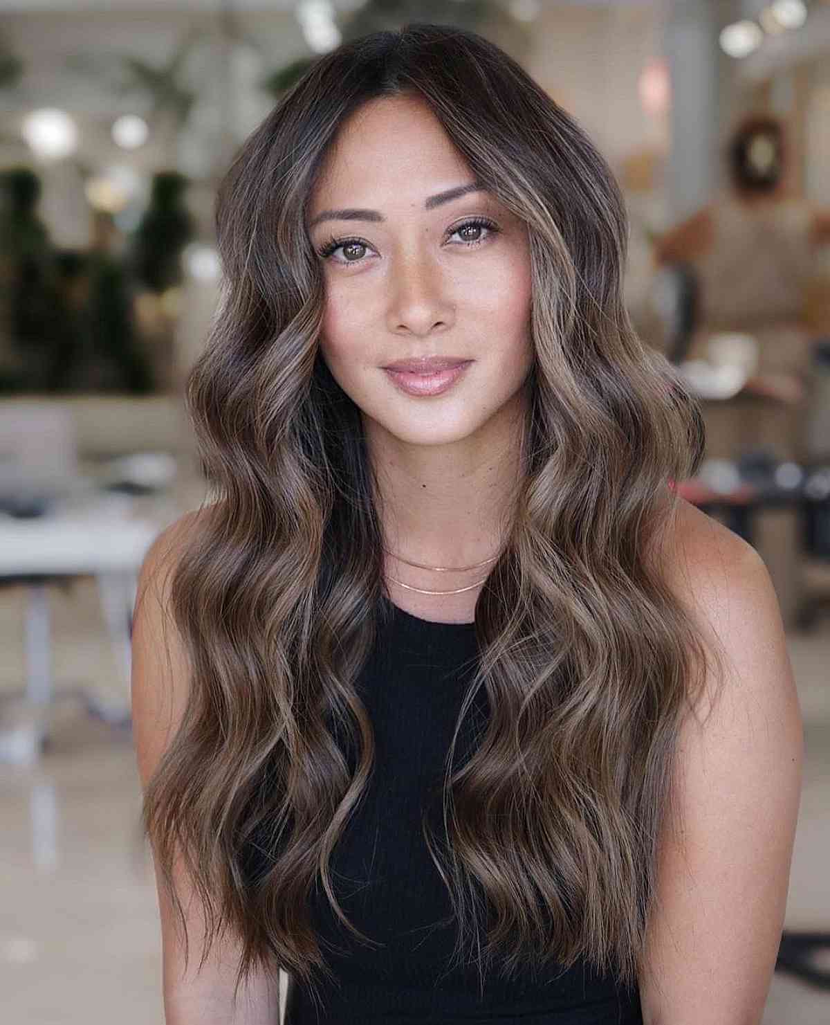 Ash Brown With Cool-Toned Highlights Glossy Waves — Classy Highlights Brown Hair
