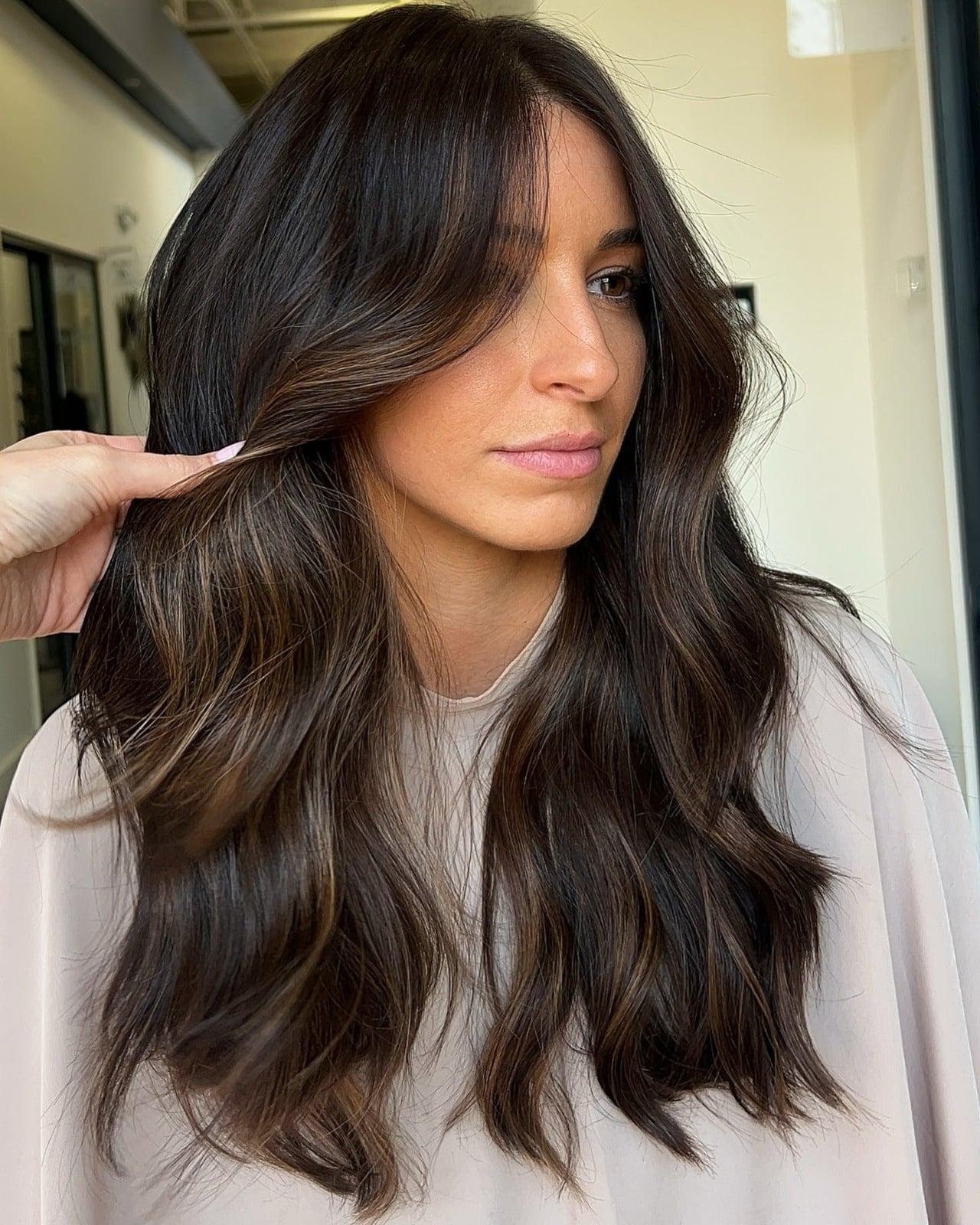 Dark Brown With Curtain Bangs And Lighter Highlights — Classy Highlights Brown Hair