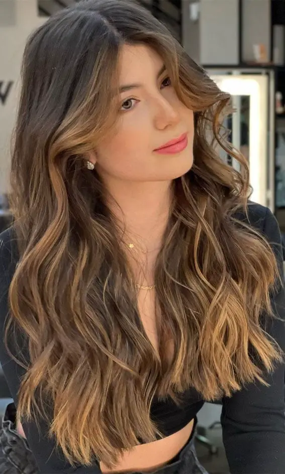 Mid-Back Brown Caramel Highlights Glossy Waves — Classy Highlights Brown Hair