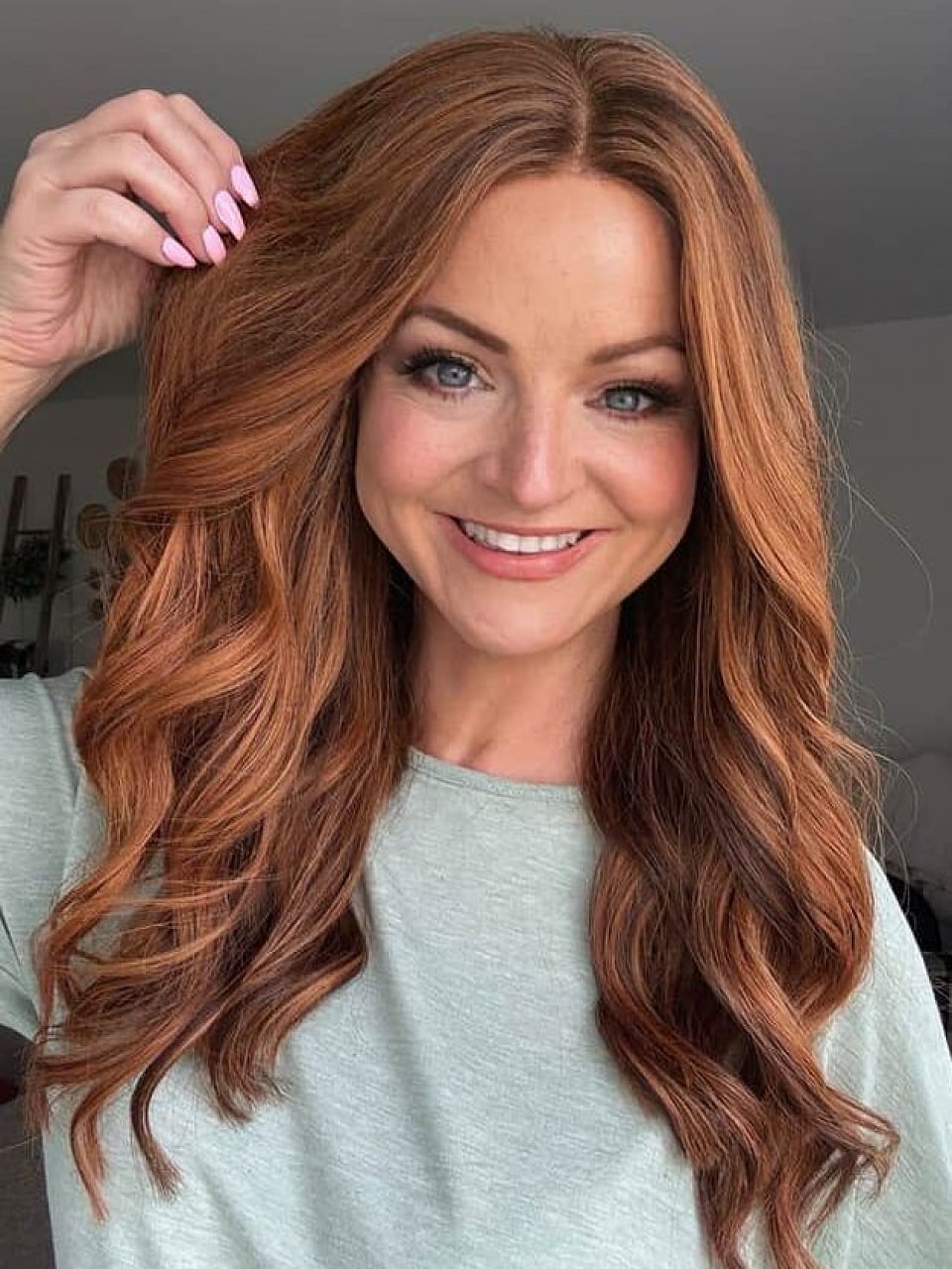 Mid-Back Wavy Auburn With Warm Highlights Mid-Back Wavy Auburn With Warm Highlights — Classy Highlights Wig