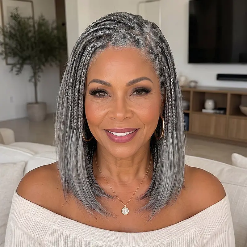 Collarbone Bob With Braided Gray Top Collarbone Bob With Braided Gray Top — Classy Highlights Wig
