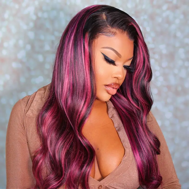 Mid-Back Black With Striking Pink Highlights Mid-Back Black With Striking Pink Highlights — Classy Highlights Wig