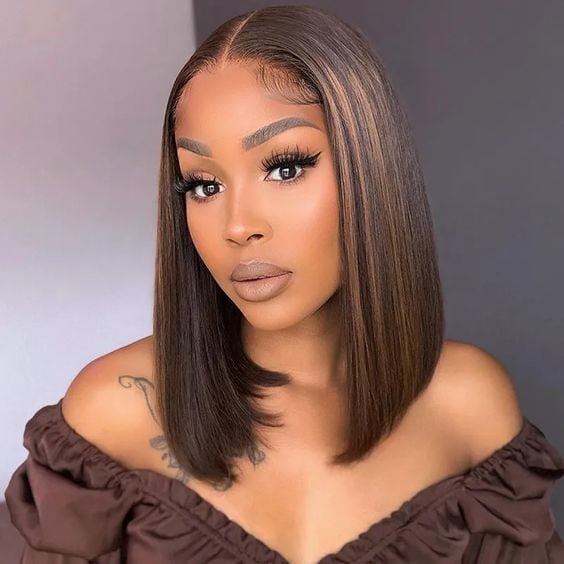 Dark Brown Bob With Straight Blonde Highlights Dark Brown Bob With Straight Blonde Highlights — Classy Highlights Wig