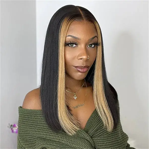 Chin Length Black Bob With Blonde Face Framing, Straight Chin Length Black Bob With Blonde Face Framing, Straight — Classy Highlights Wig