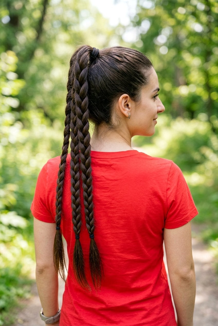 Three Long Braids In Dark Brown Three Long Braids In Dark Brown — Classy Hiking Hairstyles