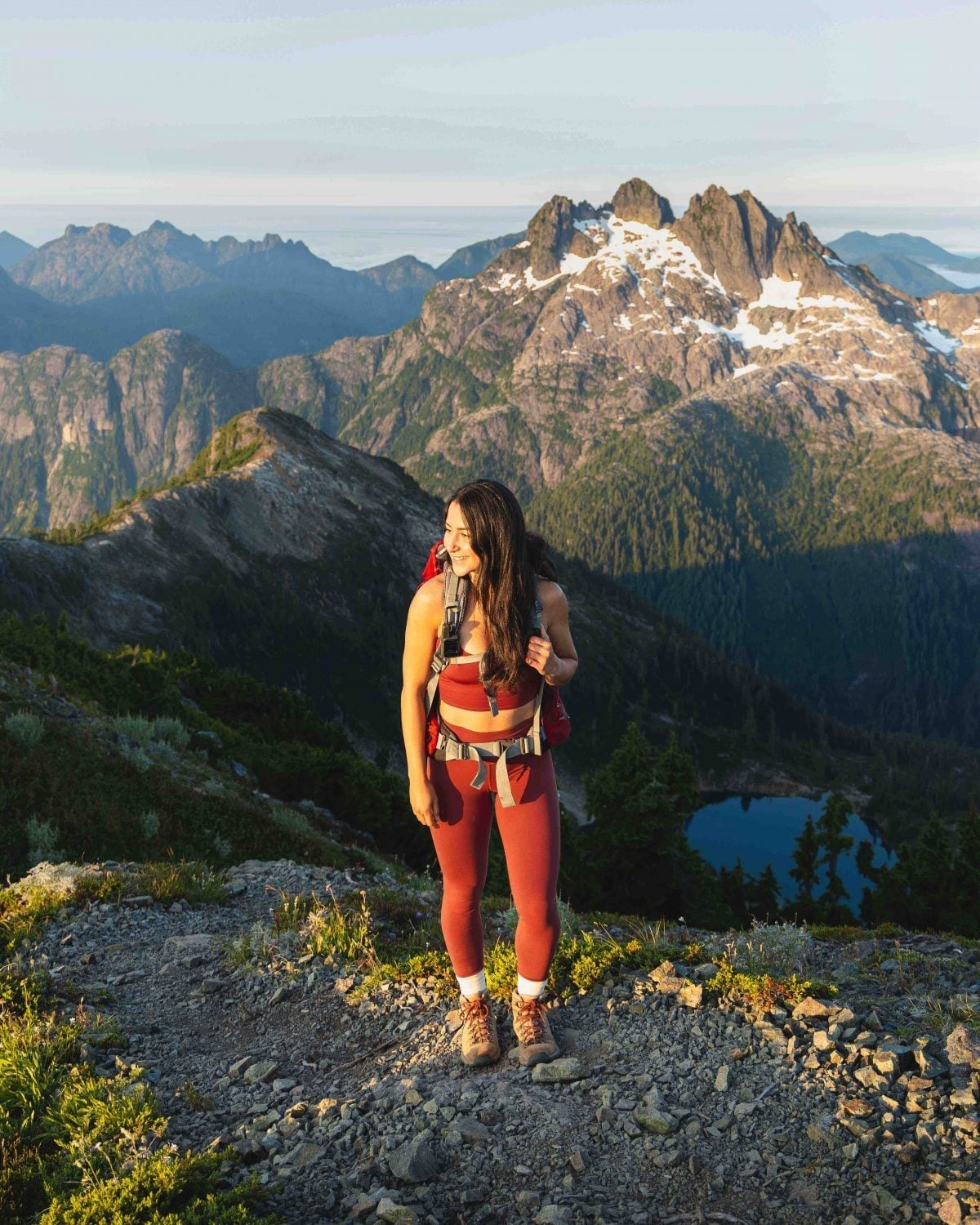 Red Sports Bra and Leggings with Tan Hiking Boots Red Sports Bra and Leggings with Tan Hiking Boots — Classy Hiking Outfits
