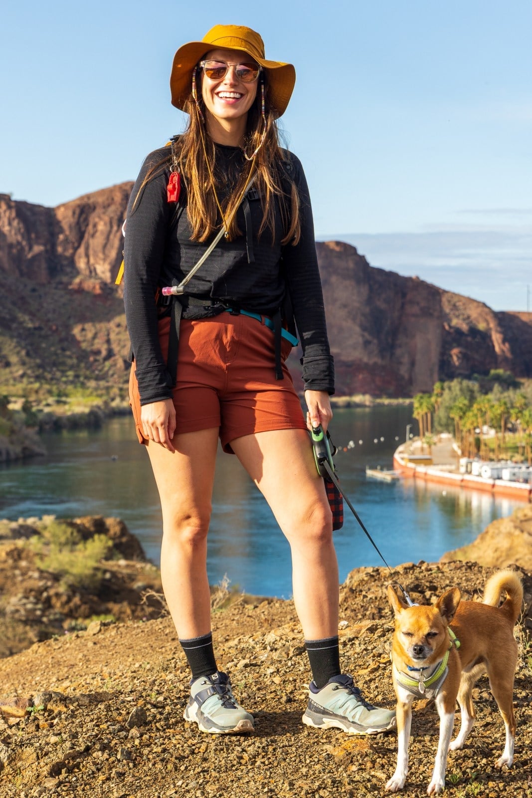 Black Long-Sleeve Shirt with Rust Shorts and Hat Black Long-Sleeve Shirt with Rust Shorts and Hat — Classy Hiking Outfits