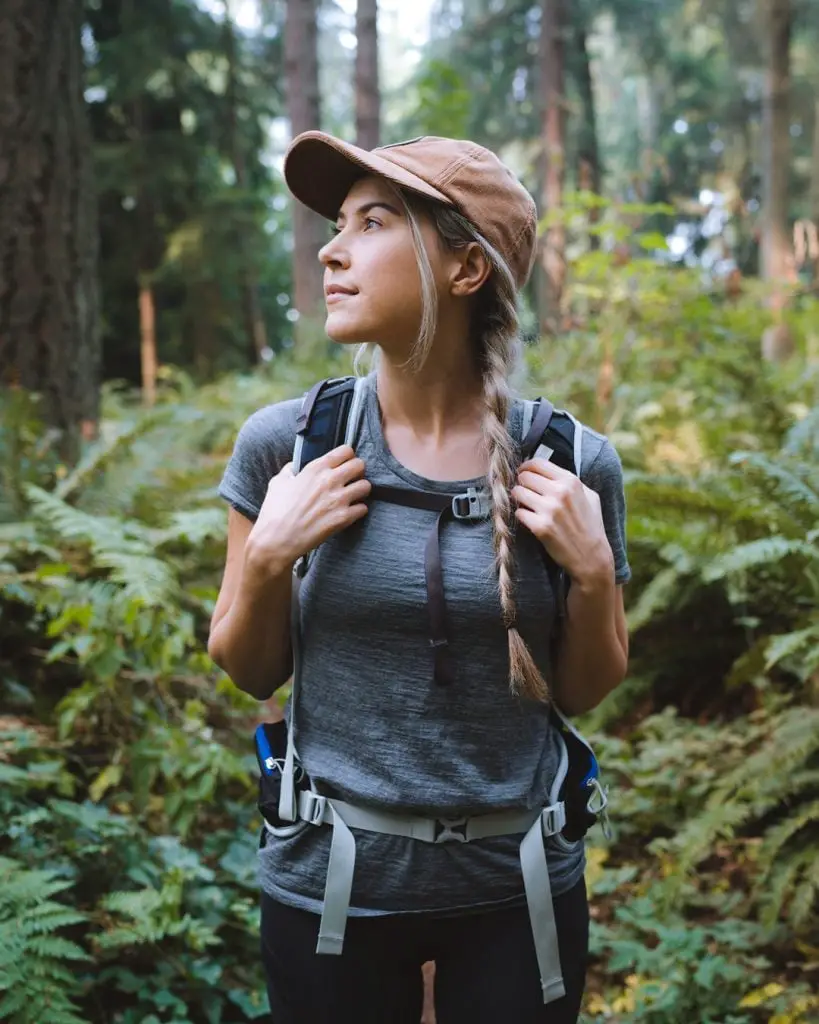 Gray T-Shirt with Black Pants and Brown Cap Gray T-Shirt with Black Pants and Brown Cap — Classy Hiking Outfits