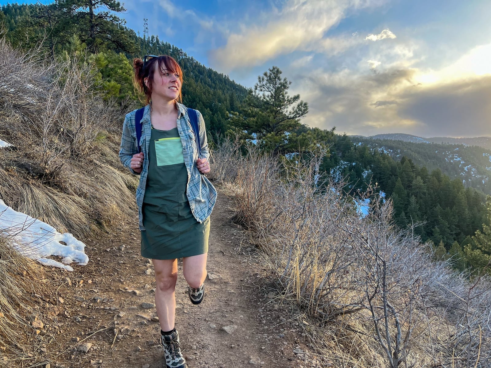 Olive Green Dress with Gray Plaid Shirt Layer Olive Green Dress with Gray Plaid Shirt Layer — Classy Hiking Outfits