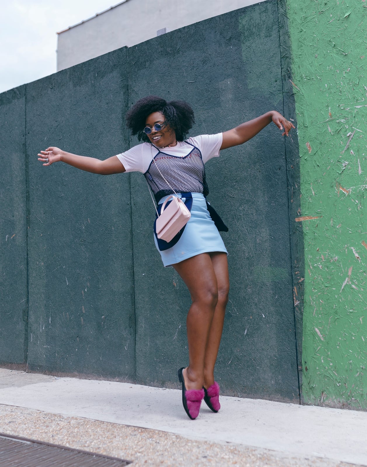 Mesh Top Mini Skirt and Furry Mules — Classy Indie Outfits