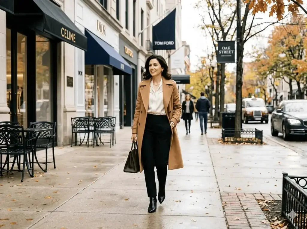 Camel Coat Over Silk Blouse and Trousers — Classy Indie Outfits