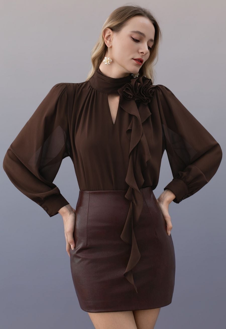 High-Neck Blouse with Faux Leather Pencil Skirt — Classy Indie Outfits