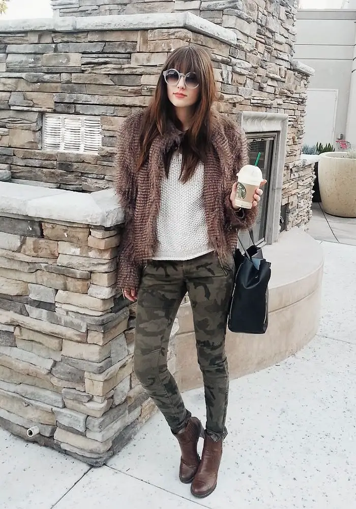 Camo Pants with Furry Jacket — Classy Indie Outfits