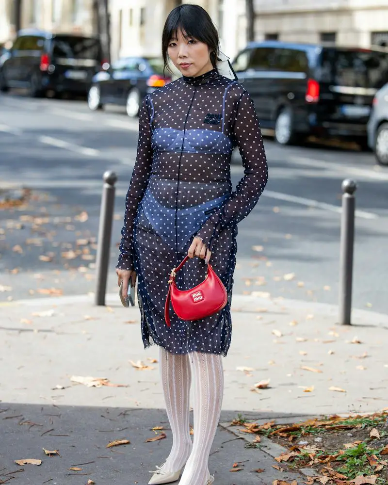 Navy Sheer Polka Dot Dress Evening Look — Classy Indie Outfits