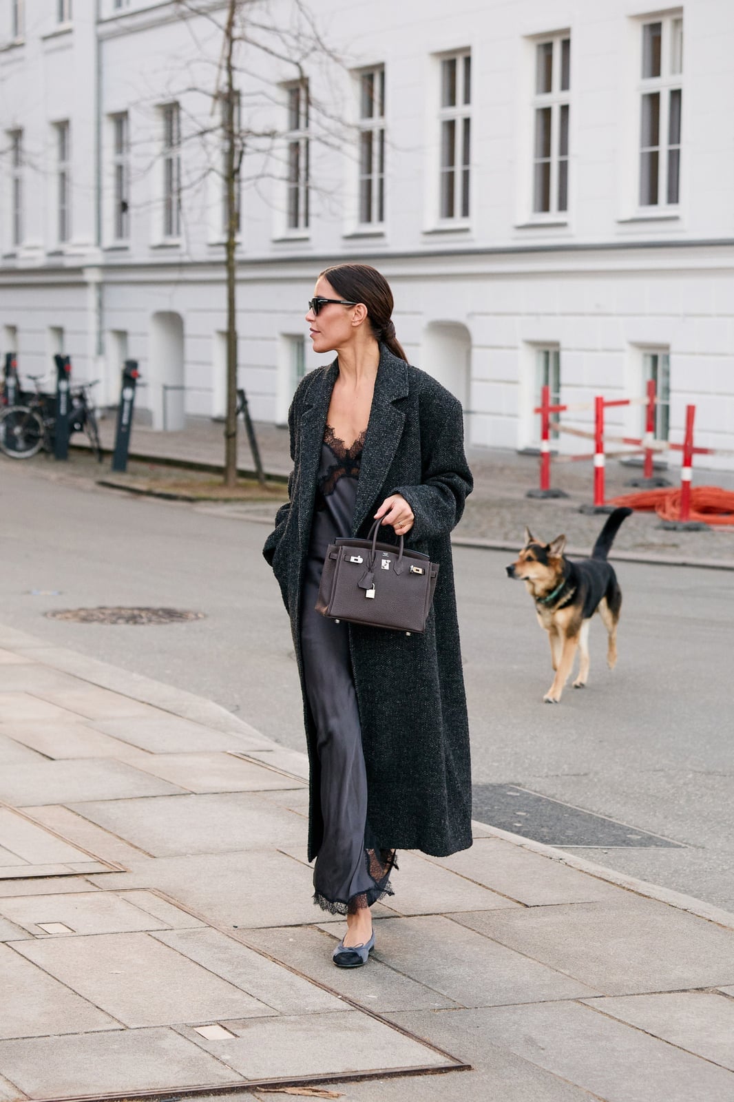 Long Charcoal Coat Over Satin Slip Dress — Classy Indie Outfits