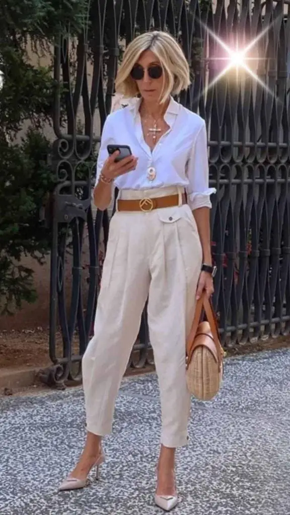 White Button-Down Shirt with Relaxed Pleated Trousers White Button-Down Shirt with Relaxed Pleated Trousers — Classy Italian Outfits