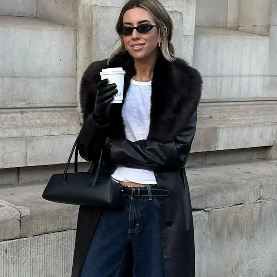 Long Leather Trench Coat with Fur Collar Long Leather Trench Coat with Fur Collar — Classy Jacket Outfits