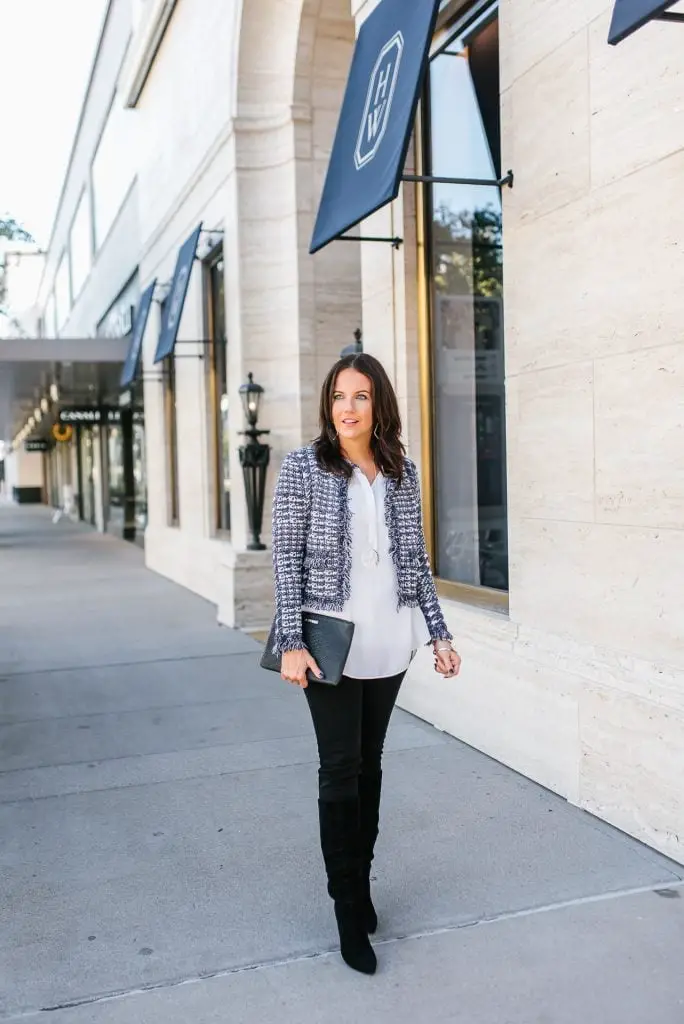 Blue and White Tweed Jacket with Black Trousers Blue and White Tweed Jacket with Black Trousers — Classy Jacket Outfits
