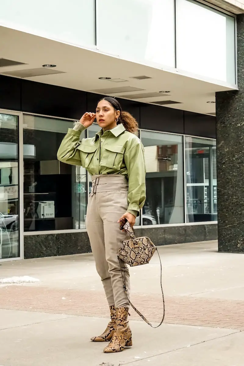 Green Utility Jacket with Snakeskin Boots Green Utility Jacket with Snakeskin Boots — Classy Jacket Outfits