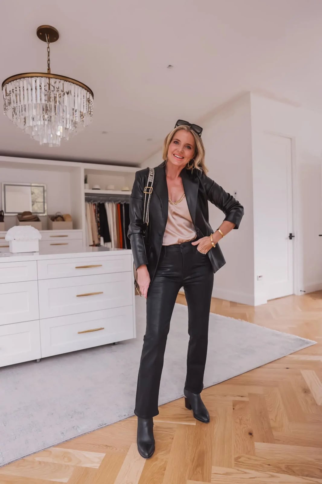 Black Leather Blazer with Satin Camisole Black Leather Blazer with Satin Camisole — Classy Jacket Outfits