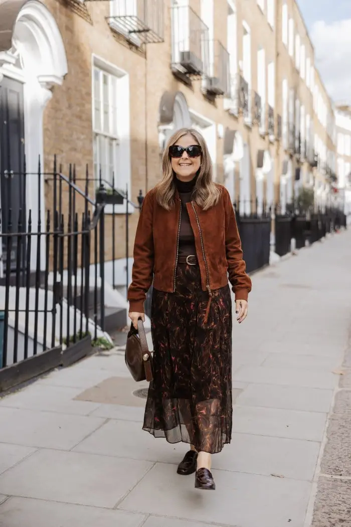 Brown Suede Bomber Jacket with Midi Skirt Brown Suede Bomber Jacket with Midi Skirt — Classy Jacket Outfits