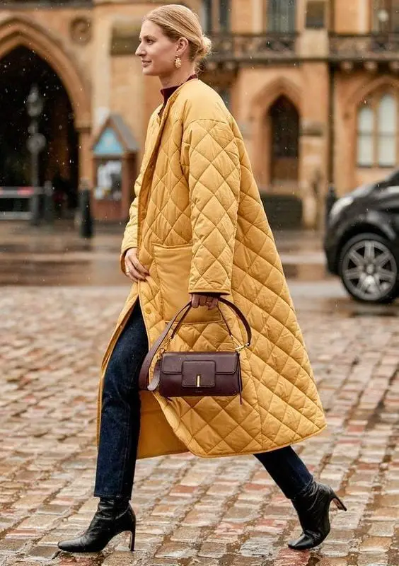 Yellow Quilted Coat with Dark Jeans Yellow Quilted Coat with Dark Jeans — Classy Jacket Outfits