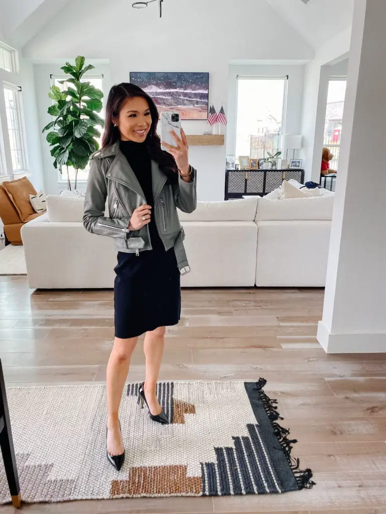 Gray Leather Moto Jacket with Turtleneck Dress Gray Leather Moto Jacket with Turtleneck Dress — Classy Jacket Outfits
