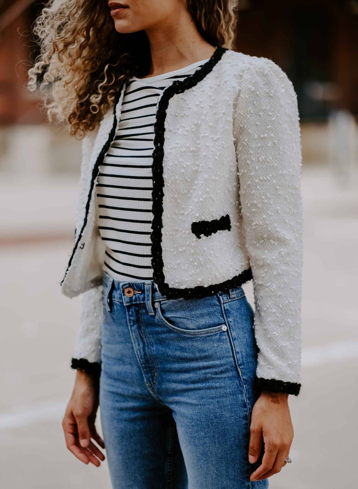 White Bouclé Jacket with Striped Top and Jeans White Bouclé Jacket with Striped Top and Jeans — Classy Jacket Outfits