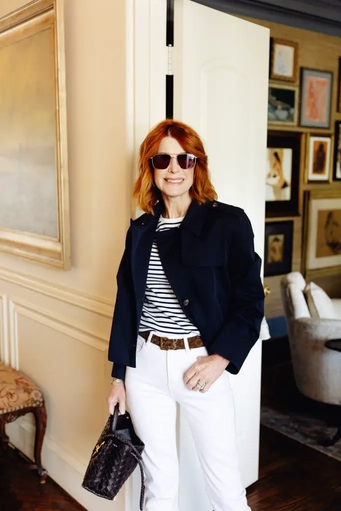 Navy Twill Jacket with Striped T-shirt and White Pants Navy Twill Jacket with Striped T-shirt and White Pants — Classy Jacket Outfits
