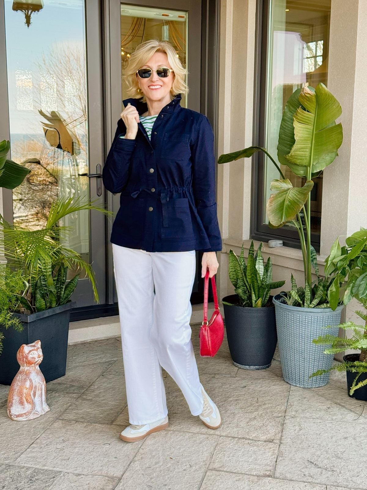 Navy Utility Jacket with Striped T-shirt and Wide-Leg Pants Navy Utility Jacket with Striped T-shirt and Wide-Leg Pants — Classy Jacket Outfits