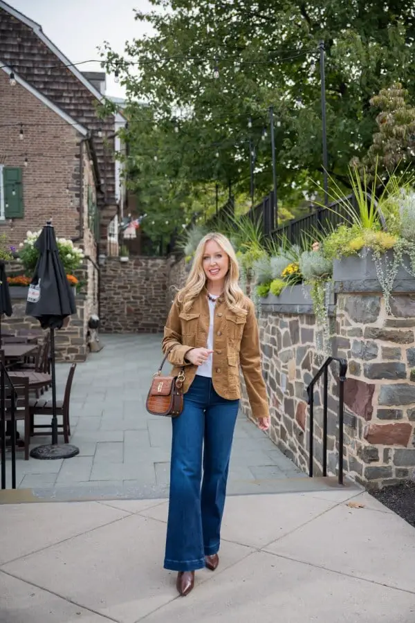 Tan Corduroy Jacket with Wide-Leg Jeans Tan Corduroy Jacket with Wide-Leg Jeans — Classy Jacket Outfits