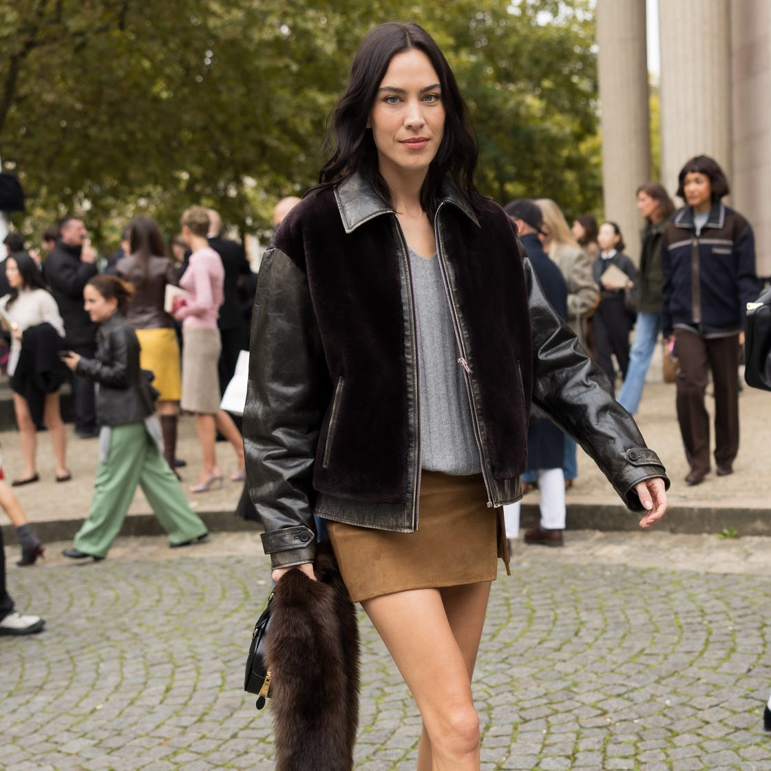 Shearling Bomber Jacket with Mini Skirt Shearling Bomber Jacket with Mini Skirt — Classy Jacket Outfits