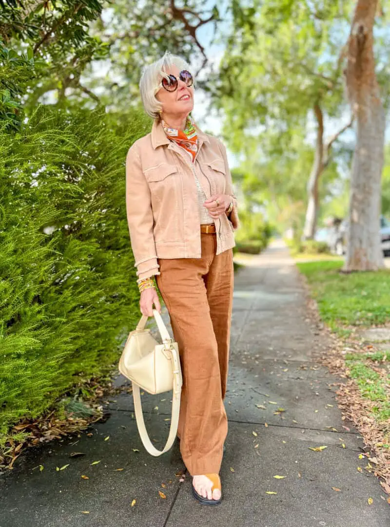 Beige Corduroy Jacket with Striped Top and Linen Trousers Beige Corduroy Jacket with Striped Top and Linen Trousers — Classy Jacket Outfits