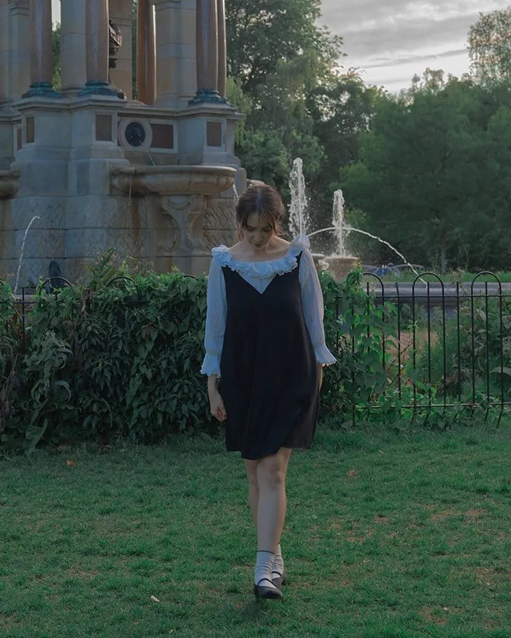 Black A-line Dress with Lace Collar Blouse Black A-line Dress with Lace Collar Blouse — Classy Japan Outfits
