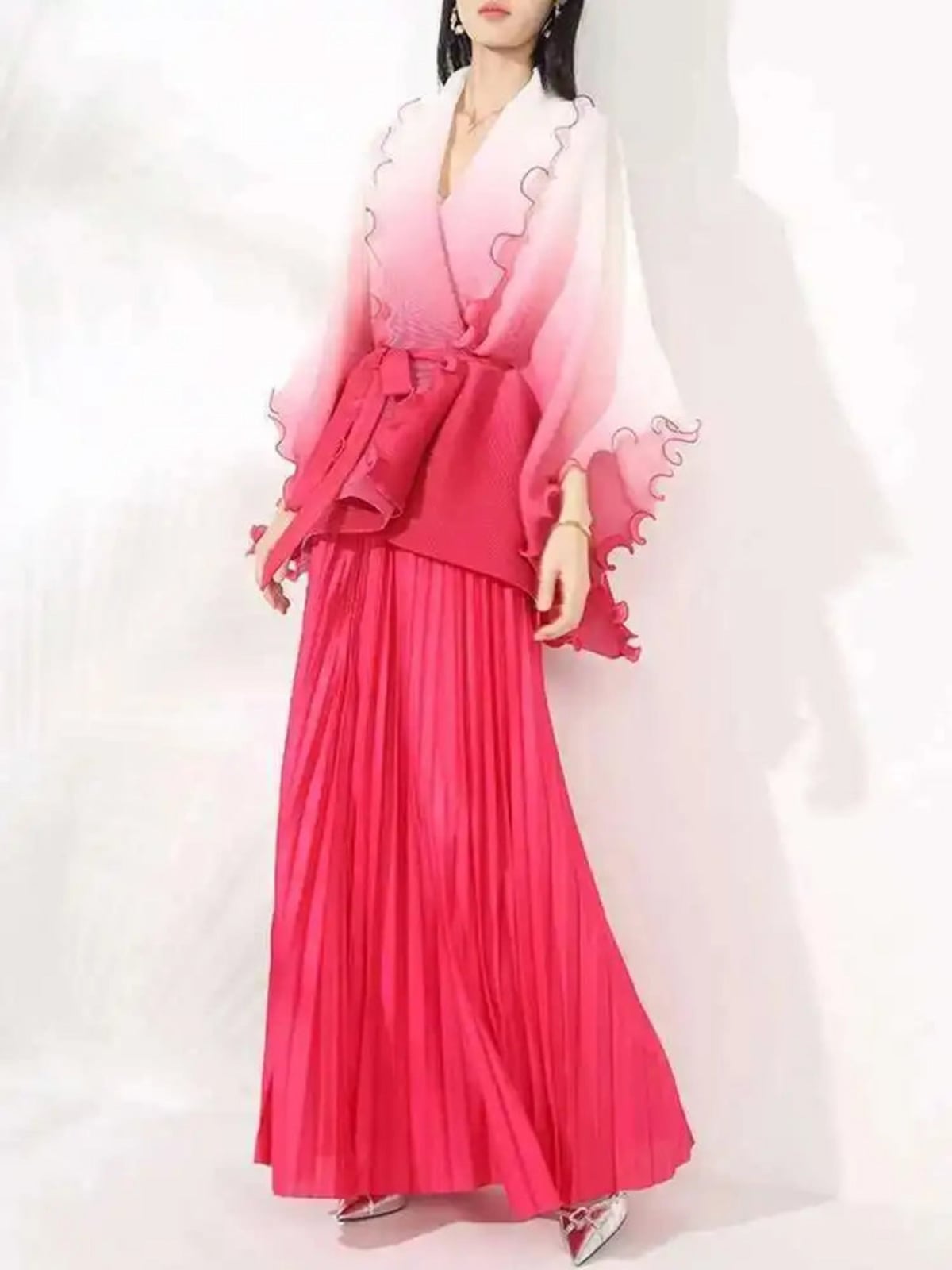Pink Gradient Pleated Wrap Top and Skirt Pink Gradient Pleated Wrap Top and Skirt — Classy Japan Outfits