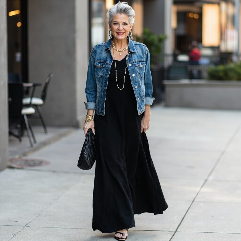 Denim Jacket With Flowing Maxi Dress Denim Jacket With Flowing Maxi Dress — Classy Jean Jacket Outfits