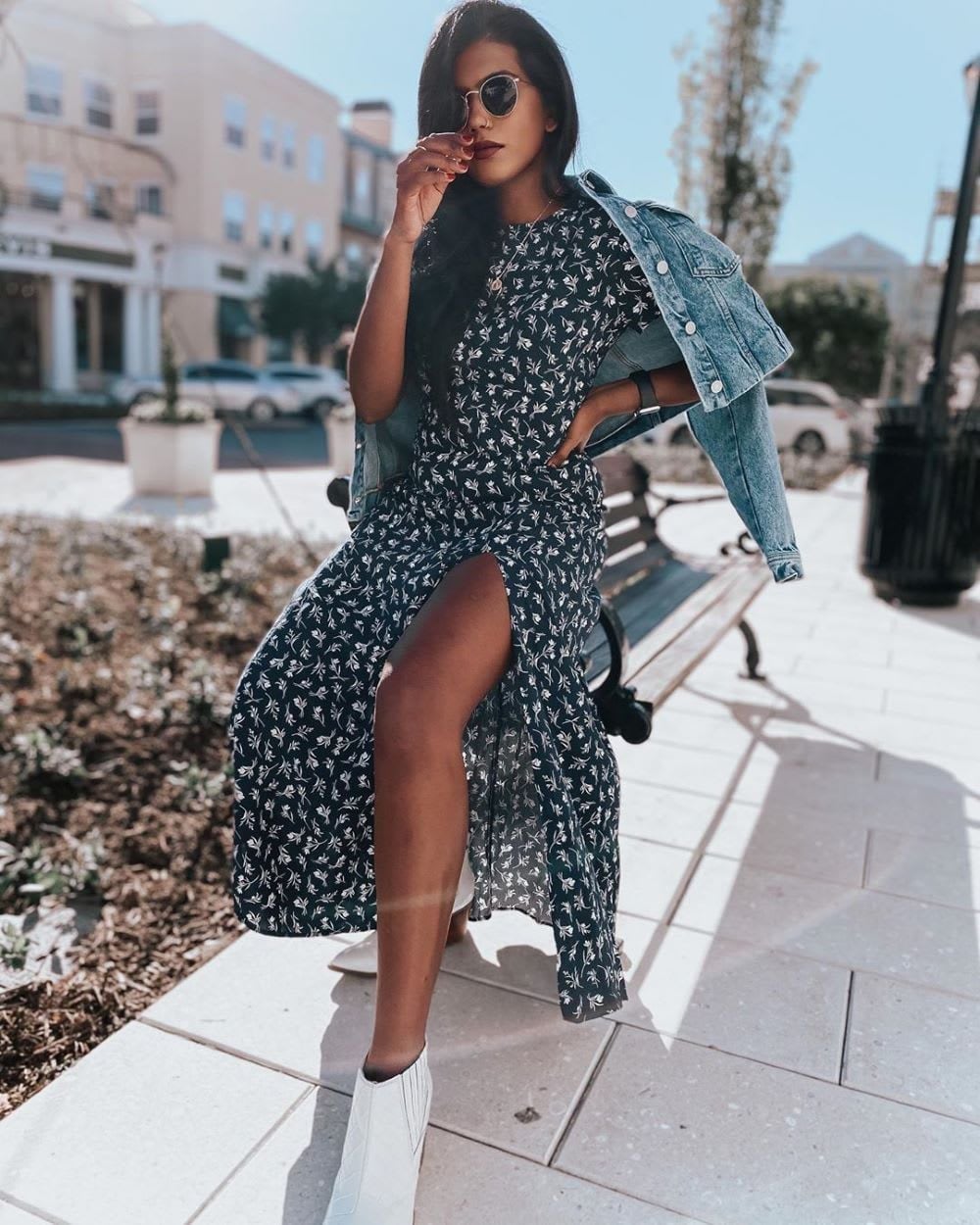 Denim Jacket Draped Over Floral Maxi Dress Denim Jacket Draped Over Floral Maxi Dress — Classy Jean Jacket Outfits