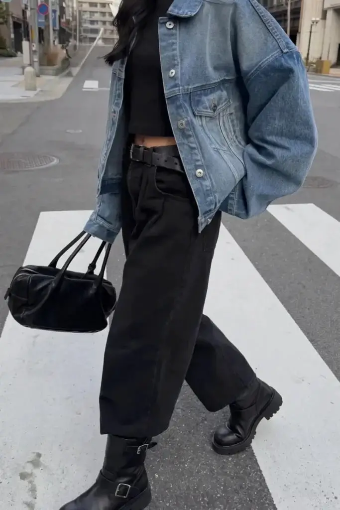Oversized Denim Jacket With Crop Top And Wide Pants Oversized Denim Jacket With Crop Top And Wide Pants — Classy Jean Jacket Outfits
