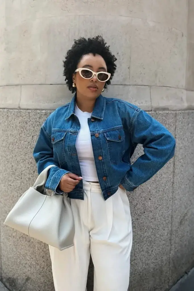 Cropped Denim Jacket With White Separates Cropped Denim Jacket With White Separates — Classy Jean Jacket Outfits