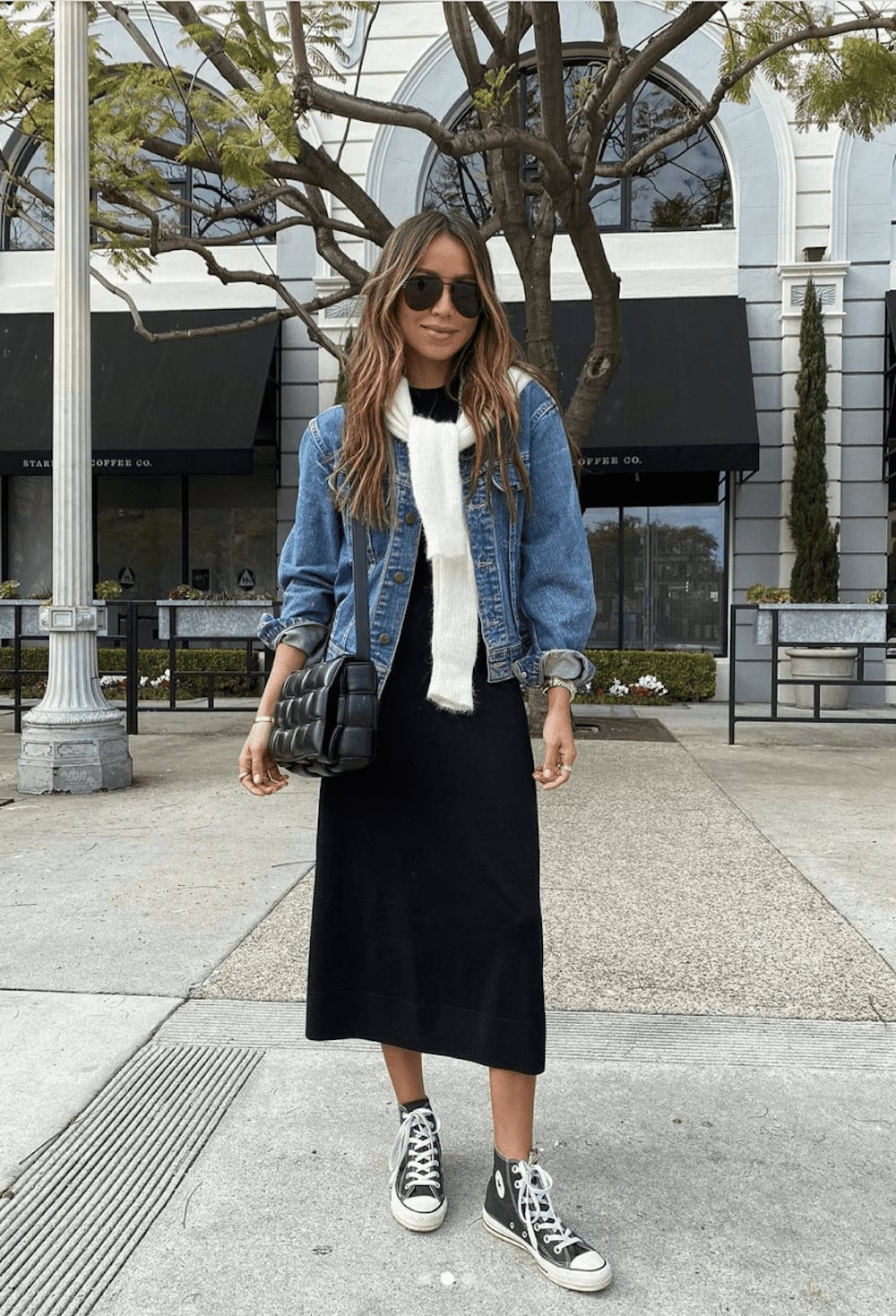 Denim Jacket Over Midi Dress With Scarf Denim Jacket Over Midi Dress With Scarf — Classy Jean Jacket Outfits