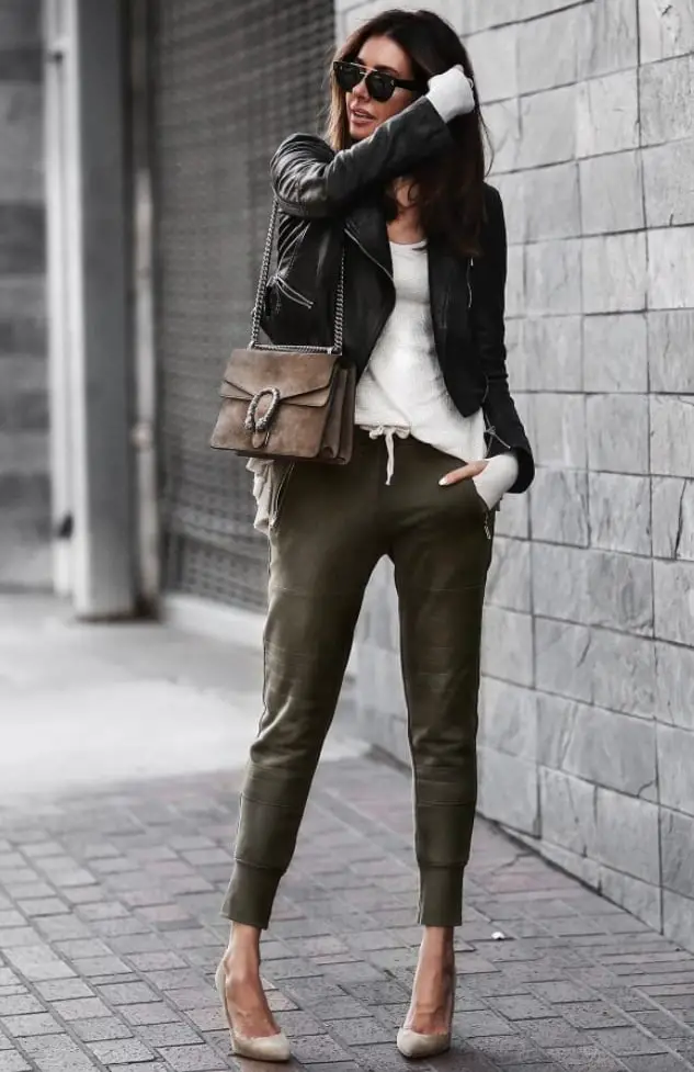 Olive Green Joggers With a Leather Jacket Olive Green Joggers With a Leather Jacket — Classy Joggers Outfits